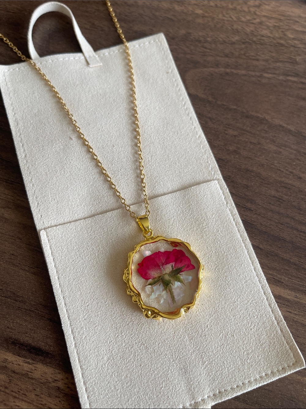 Gold Floral Resin Pendant Necklace - Pink Rose